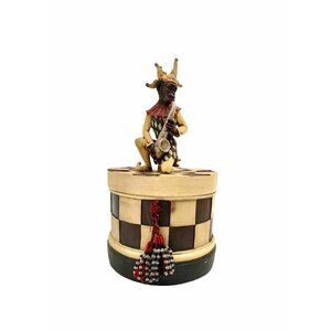 Monkey Jester Musician on Top lidded Container with Checkered Design